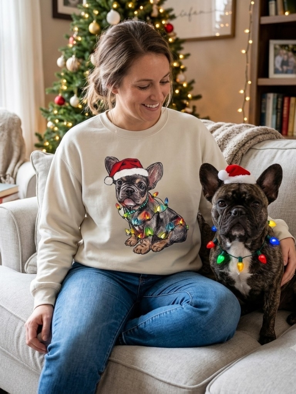 Etsy Christmas French Bulldog Sweatshirt Cream Size Medium